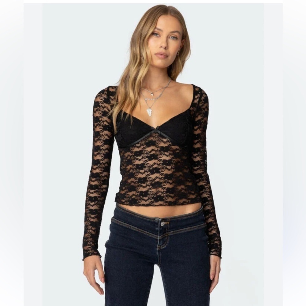 NWT Edikted Mykonos Sheer Black Lace Top size XL